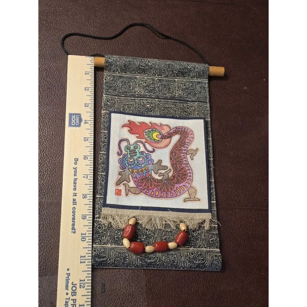 Vintage Asian Style Dragon Textile Wall Hanging Pouch Beaded Folk Art Scroll